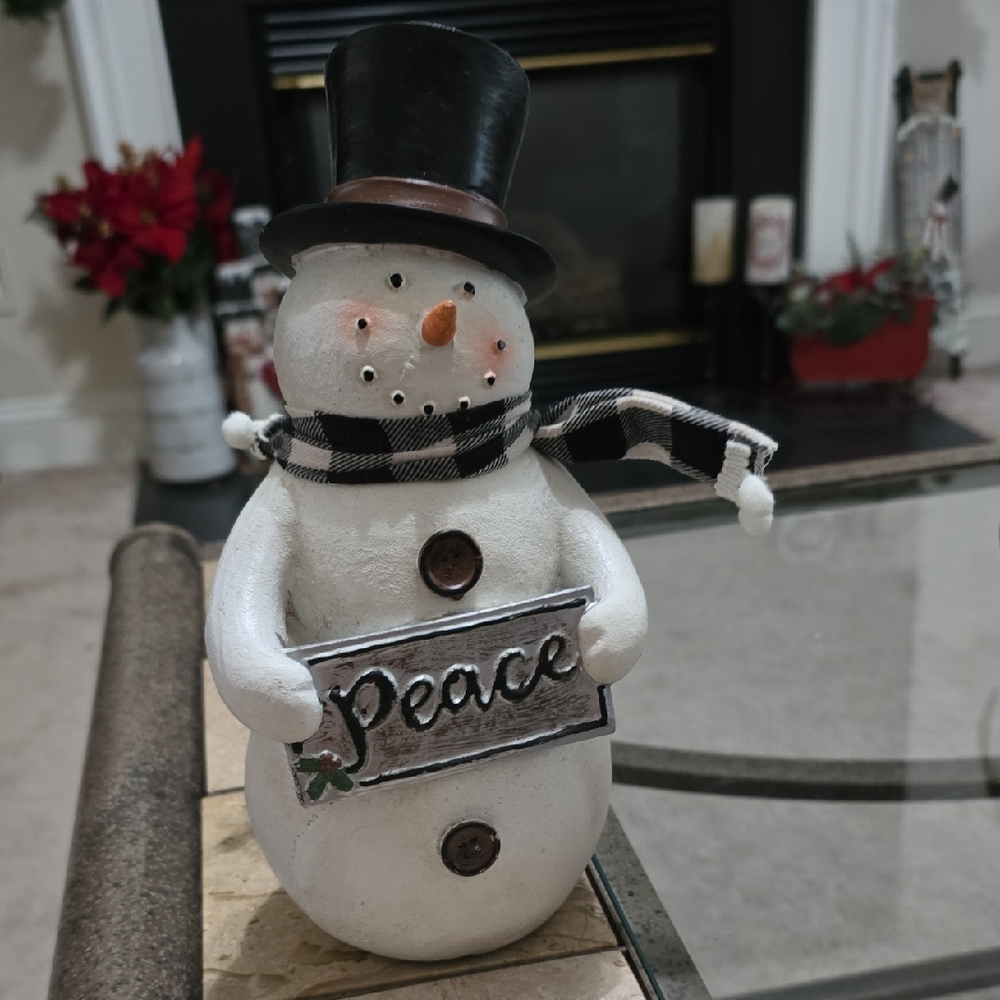 Festive Snowman Figurine with Black and White Scarf ~ 10in Tall x 5in Wide